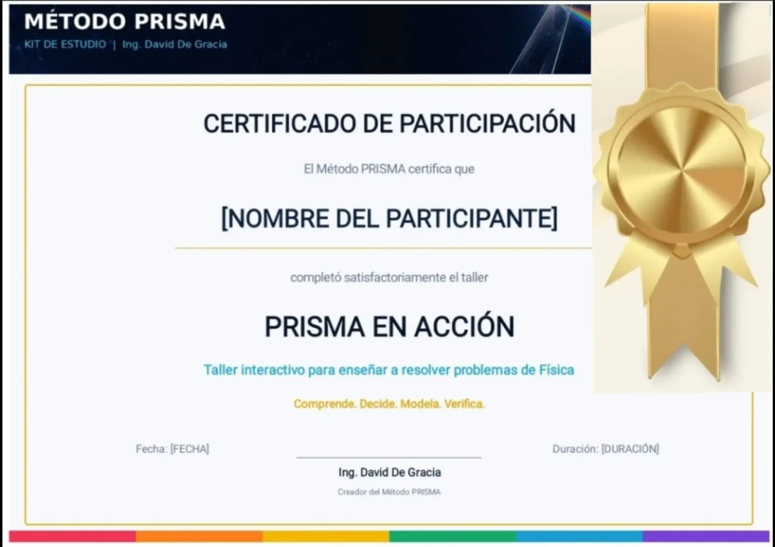 Modelo del certificado de participación del taller interactivo PRISMA en Acción